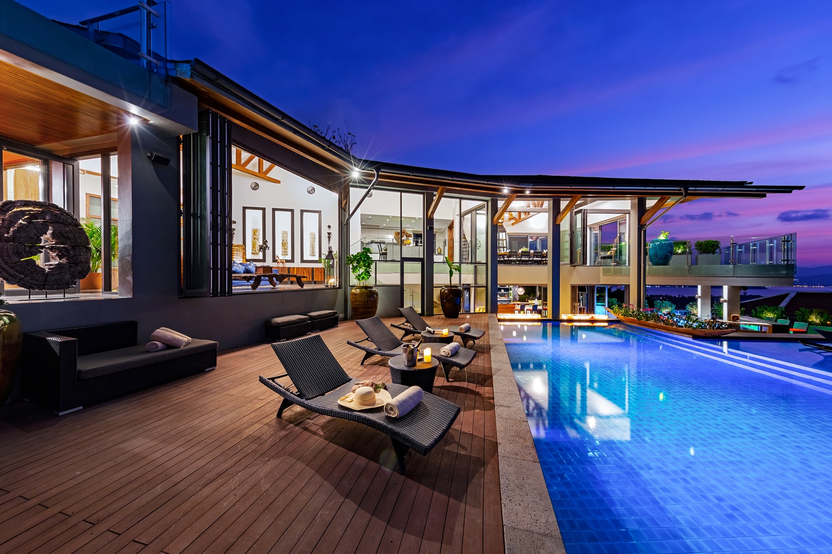Night pool and covered terrace at Villa Skyfall